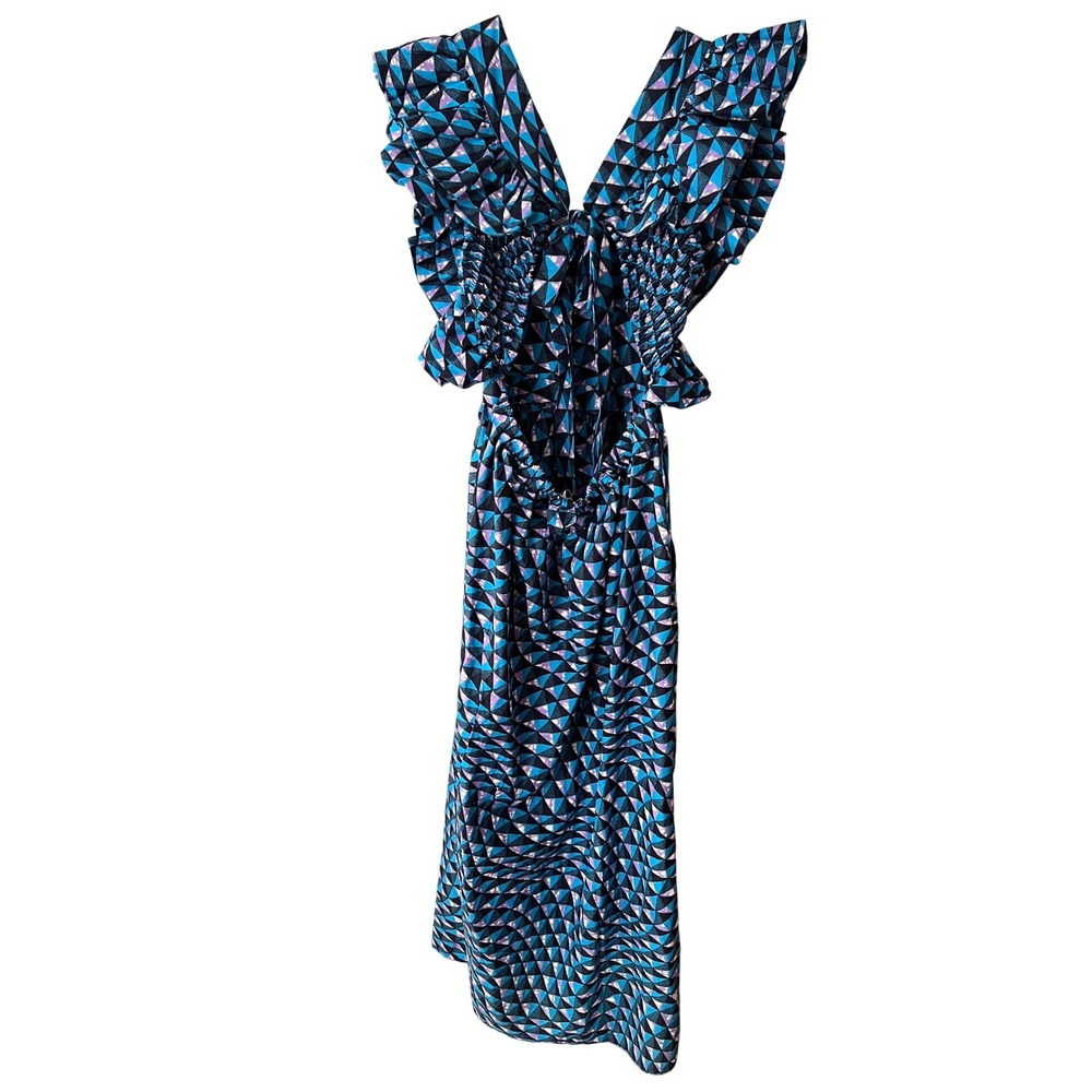 Tuckernuck Elisamama Blue Geometric Ankara Print Ruffle Sleeve Maxi Dress Large - Picture 8 of 9
